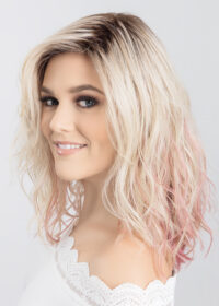 TABU by ELLEN WILLE in ROSE BLONDE | Medium Dark Brown Roots that melt into a Pale Golden Blonde with a Mixture of Pink Tones Underneath